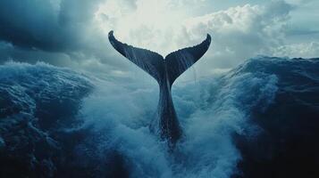A whale tail emerging from ocean waves under a dramatic cloudy sky during sunset photo