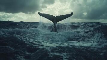Whale tail surfacing in turbulent ocean waters under cloudy skies photo