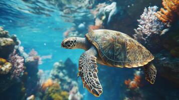 A green sea turtle swims gracefully among colorful corals in a vibrant underwater ecosystem during daylight photo
