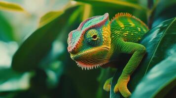Vibrant chameleon perched on green foliage in a tropical habitat during daylight photo