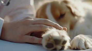 A gentle hand reaches out to comfort a relaxed dog during a sunny afternoon photo