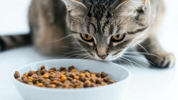 Cat curiously examining a bowl of dry cat food on a white surface at home photo