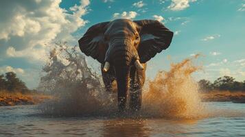 Elephant splashes joyfully in a waterhole under a bright sky during the golden hour in a natural habitat photo
