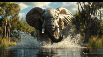 An elephant splashes through a river in the early morning light, surrounded by lush greenery and trees in its natural habitat photo
