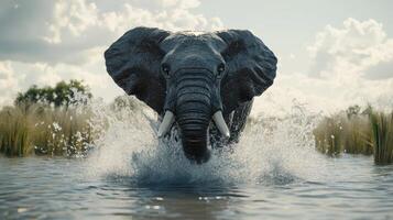 An elephant splashes through the water in a natural habitat during the afternoon hours photo