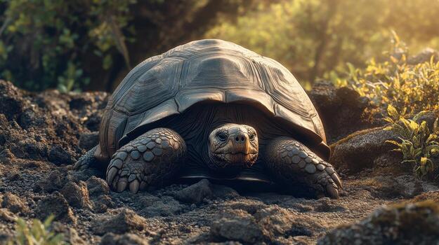 A giant tortoise resting on rocky terrain under soft sunlight in a lush environment photo
