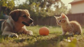 A playful puppy and curious kitten interact in a sunny backyard while exploring a bright orange ball photo