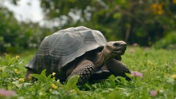 A tortoise strolling through a lush garden filled with wildflowers on a sunny day photo