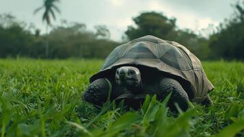 A tortoise exploring a lush green field during a cloudy day in a tropical setting photo