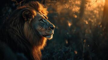 A majestic lion stands proudly in the golden light of dawn amidst the African savannah photo