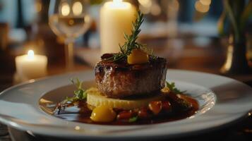 Gourmet steak with garnishes served on a white plate at a candlelit dinner setting photo
