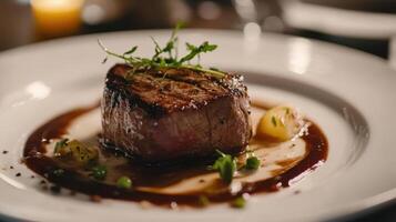 Juicy grilled steak served with a rich sauce and garnished with fresh herbs at a cozy dining setting in the evening photo
