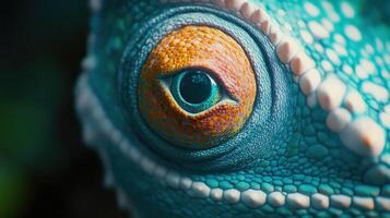 Close-up of a vibrant gecko eye showcasing intricate colors and patterns in a natural setting photo