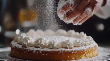 Baker dusts powdered sugar over a freshly decorated cake in a cozy kitchen setting during the afternoon photo