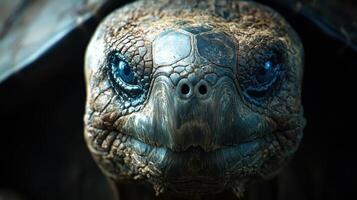 Close-up of a tortoise showcasing intricate shell patterns and sharp blue eyes in a natural setting during the day photo
