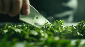 Chopping fresh herbs on a wooden cutting board in a kitchen during daytime photo