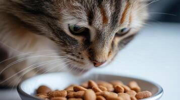 A curious cat examining a bowl of dry food on a bright kitchen table during afternoon light photo