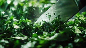 Chopping fresh herbs in a kitchen with a sharp knife during daylight photo