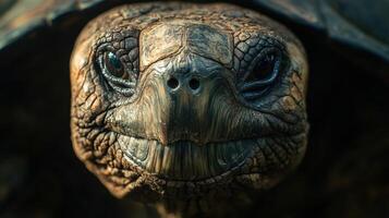 Close-up of a tortoise's face showcasing intricate textures and patterns in natural light photo