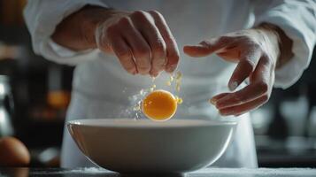 Chef cracking fresh egg into a bowl in a kitchen with natural light during morning preparation photo