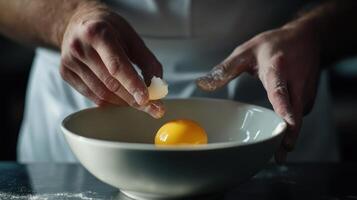 A chef cracks an egg into a bowl while preparing ingredients in a modern kitchen during the early morning hours photo