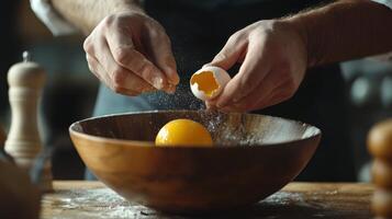 A chef cracks an egg over a wooden bowl with flour and an orange during food preparation in a kitchen setting photo