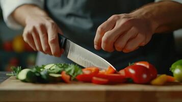 Preparing fresh vegetables for a meal with a sharp knife in a cozy kitchen setting during daylight photo