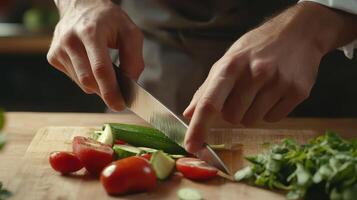 Chef preparing fresh vegetables on a wooden cutting board in a cozy kitchen during daylight photo