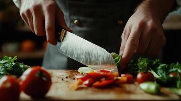 A chef skillfully chops fresh vegetables on a wooden cutting board in a cozy kitchen during the evening photo