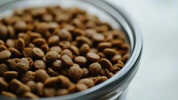 Close-up of pet food in a clear bowl on a marble countertop, showcasing the texture and shape of the small kibble pieces photo