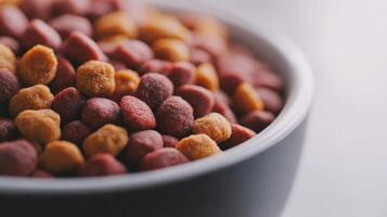 Close-up view of colorful dry pet food in a bowl placed on a light surface photo