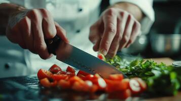 Chef skillfully chopping tomatoes and herbs in a kitchen with bright lighting photo