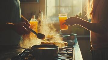 Cooking pancakes in a cozy kitchen during sunrise with a glass of juice in hand photo