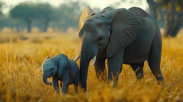 Mother elephant and her calf walking together in a golden grassland during sunset near a water source photo