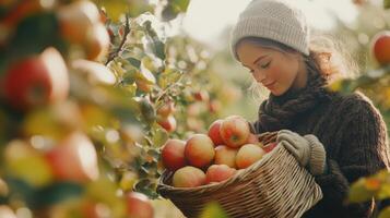 A young woman harvesting apples in a sunlit orchard during autumn with a basket filled with fresh fruit photo
