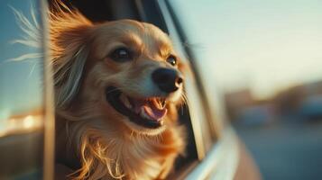Happy dog enjoying a ride with its head out of the car window during sunset photo