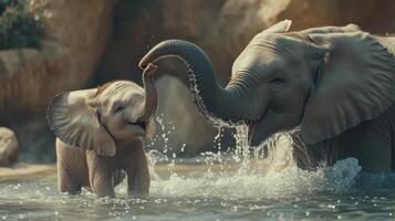 A playful baby elephant splashes joyfully with its mother in a serene water setting during daylight photo