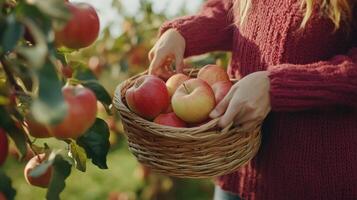 A person collects fresh apples in a basket during harvest time in an orchard under sunny weather photo