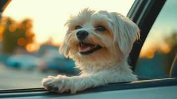 Small dog enjoys a sunset car ride with its head out the window photo