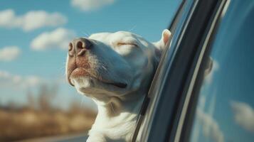 A dog enjoys the breeze with its head out of a moving car window on a sunny day photo