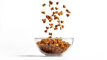 Kibble falling into a clear glass bowl against a white background during a food preparation session photo
