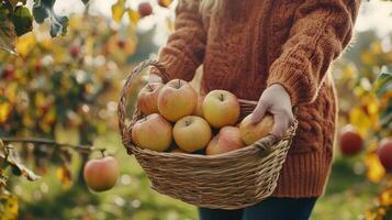 Woman carrying a basket of fresh apples during autumn in a vibrant orchard photo