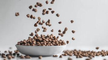 Dry pet food being poured into a white bowl on a light surface during daytime photo
