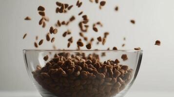 Brown pet food kibbles falling into a clear glass bowl on a light background during daytime photo