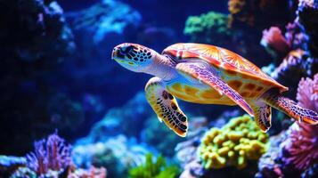 A vibrant sea turtle gracefully swims through a colorful coral reef in an aquarium during daylight photo