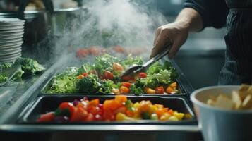 Preparing fresh vegetables in a busy kitchen during lunchtime service photo