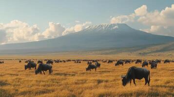 Cattle grazing in a golden meadow with snow-capped mountains in the background at sunrise photo