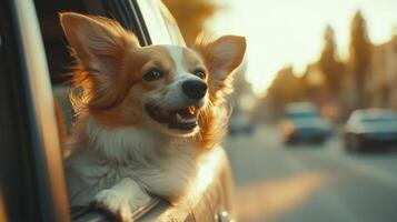 Happy dog enjoys a sunny drive with its head out of the car window during a warm afternoon photo