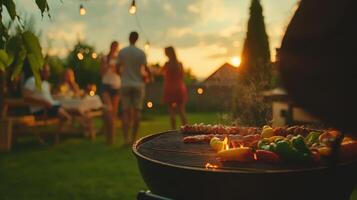 Friends gather for a barbecue in a backyard during sunset, with grilled vegetables and meat on the grill and warm lights strung above photo