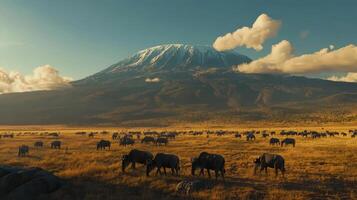 Herd of buffalo grazing near Mount Kilimanjaro at sunset in Tanzania photo